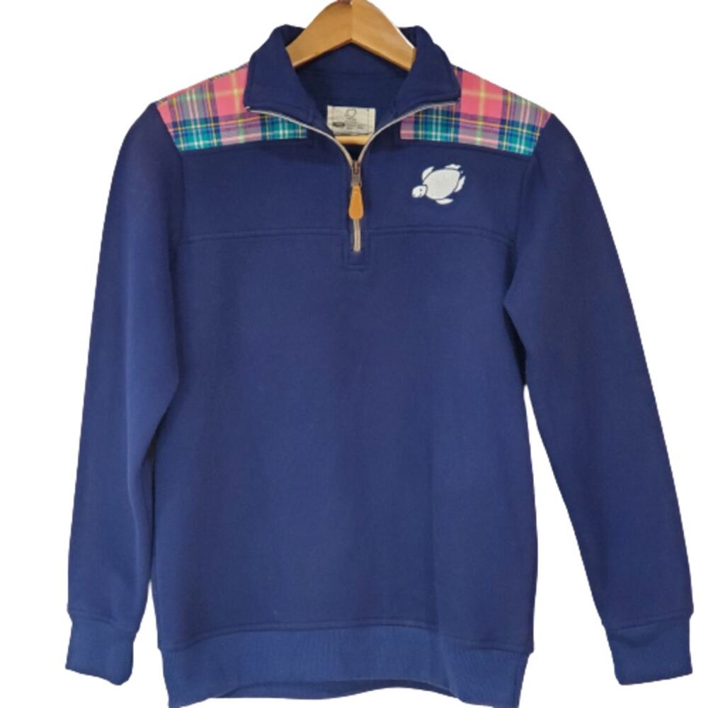 Shelly Cove Save the Turtles 1/4 Zip Sweatshirt Navy Pink Green Plaid Small